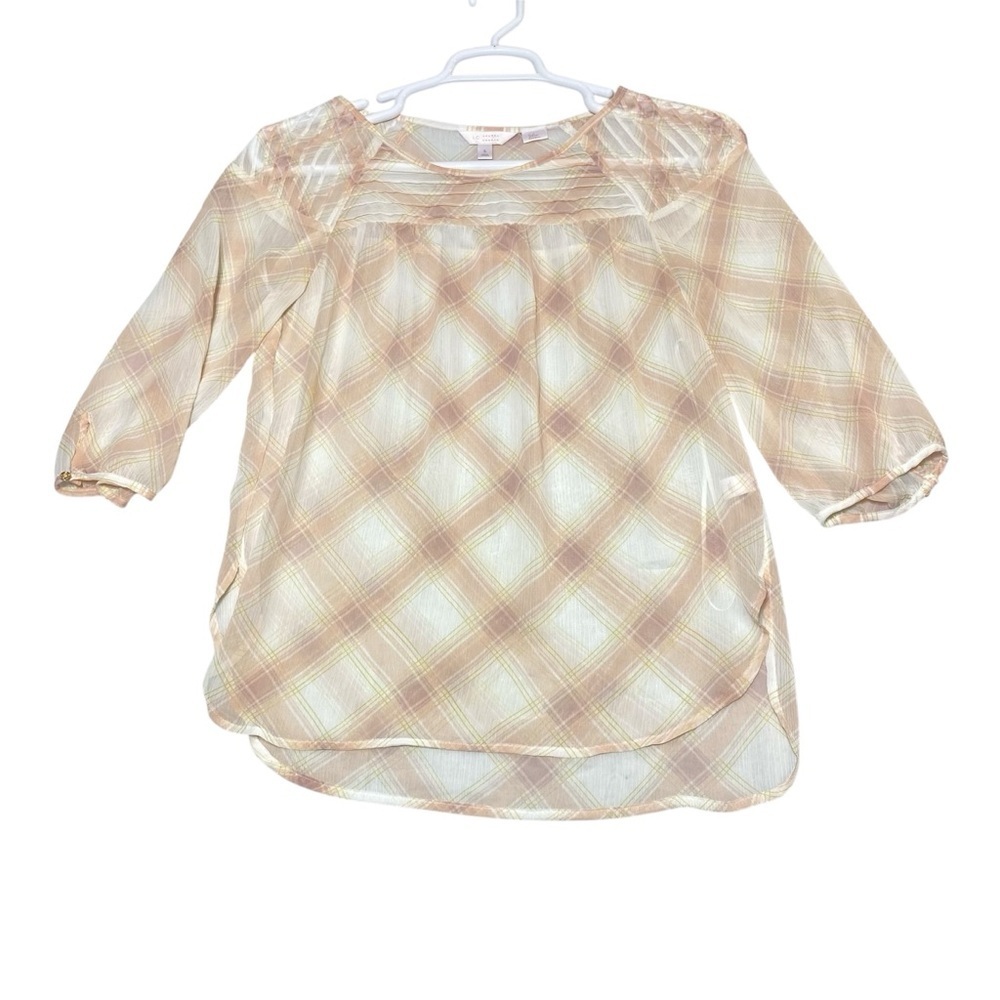 Lauren Conrad Blouse Top Womens S White Beige Plaid Sheer Chiffon Slit Pullover